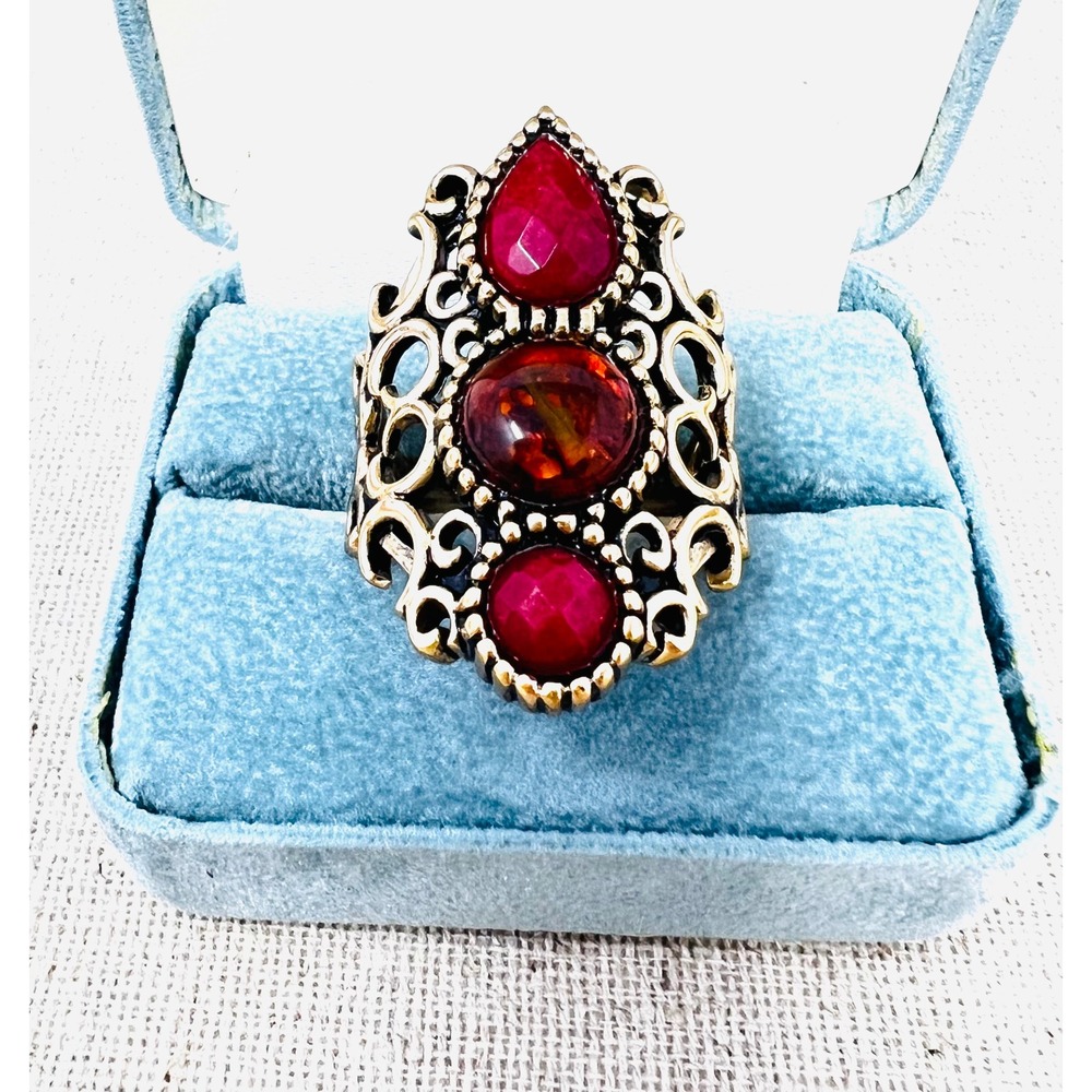 Barse Thai Bronze Amber & Quartz Statement Filigree Scrollwork Ring Size 13